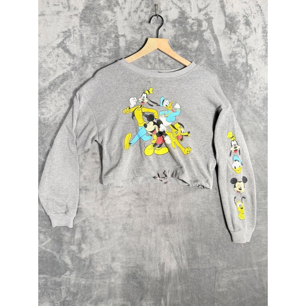 Disney Womens Cropped Sweatshirt XS Gray Fleece Mickey Mouse Friends Long Sleeve